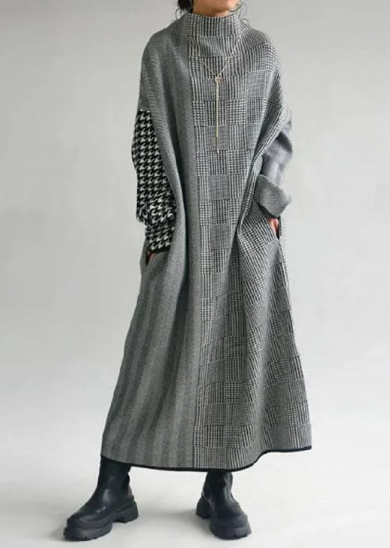 Women's Vacation Outfit Set Clearance Event Italian Grey Plaid Hign Neck Patchwork Long Knit Dress Fall