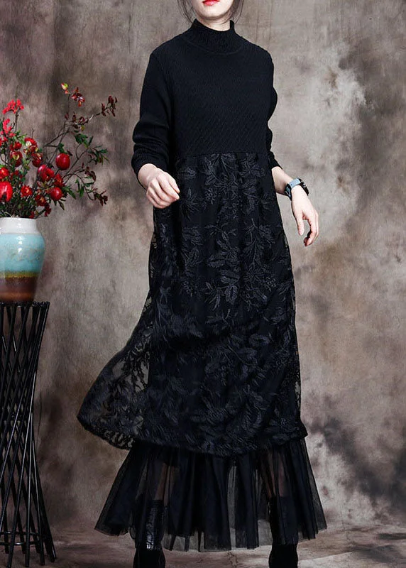 Women's Clothes And Garments Elegant Ensemble Women Black Knit Patchwork asymmetrical design Fall Knit Dress