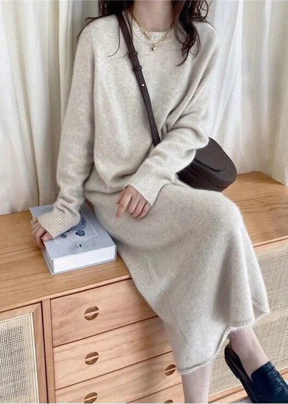 Fashionable Women's Casual Apparel Flash Sale Chic Light Grey Cozy Long Cashmere Knit Sweater Dress Fall