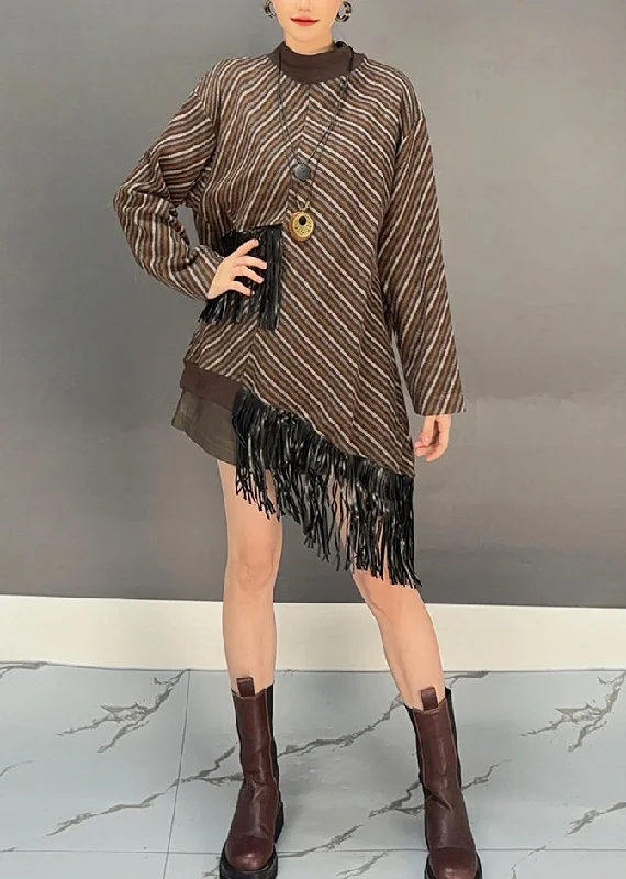 Charming Women's Outfit For Special Occasions Best Deals Of The Season Bohemian Brown O-Neck Asymmetrical Tassel Wool Knit Long Sweater Dress Winter