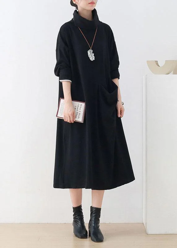 Women's Holiday Clothes Mid - Week Surprise Handmade Black Loose Turtleneck Fall Cotton Dress Long sleeve