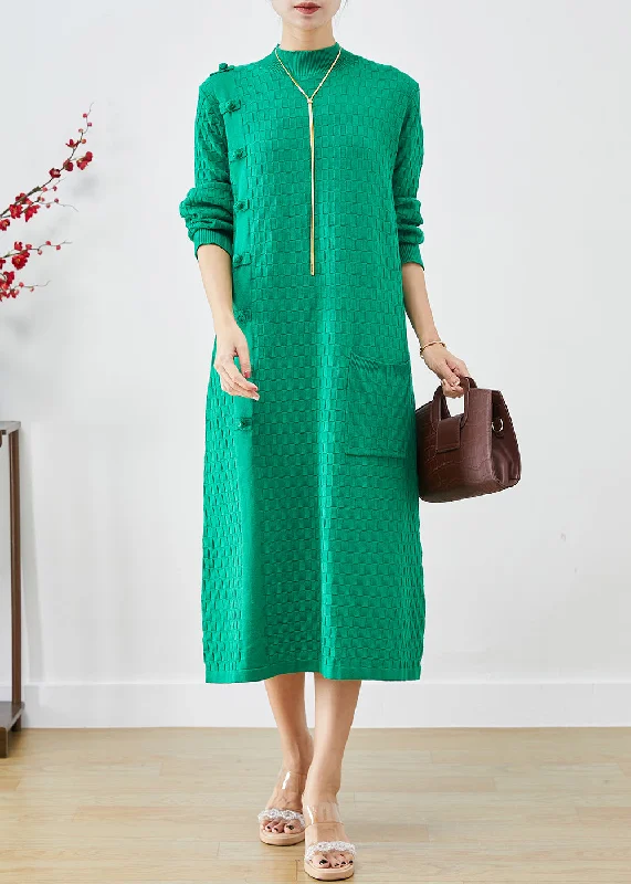 Women's Weekend Outfit All Season Basics Discount Fashion Green Plaid Chinese Button Knitwear Dress Winter