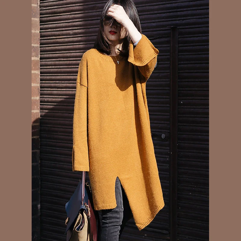 Luxury Women's Clothes Limited Time Deal Vintage Sweater weather Street Style o neck spring yellow Ugly knit dress side open