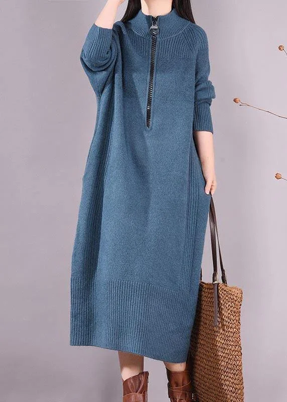 Casual Garments For Women Formal Outfit Simple Zippered Pockets Spring Clothes For Women Work Outfits Blue Robes Dresses