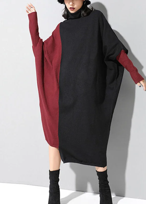 Women's Outerwear Apparel Elevated Style Fitted Black Patchwork Red asymmetrical design Fall Winter Sweater Dress