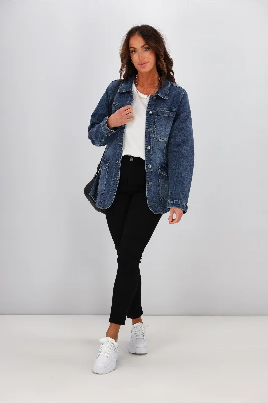 Elegant Women's Evening Garments Holiday Attire Sale Shine On Label Ezra Denim Utility Jacket Indigo