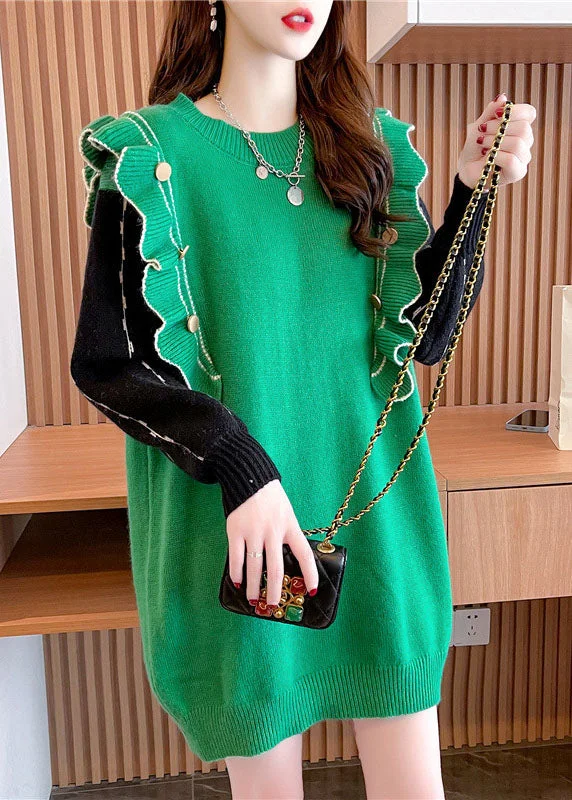 Fashionable Women's Clothing Exclusive Sale Fitted Green Ruffled Print Cashmere Long Knit Dress Winter