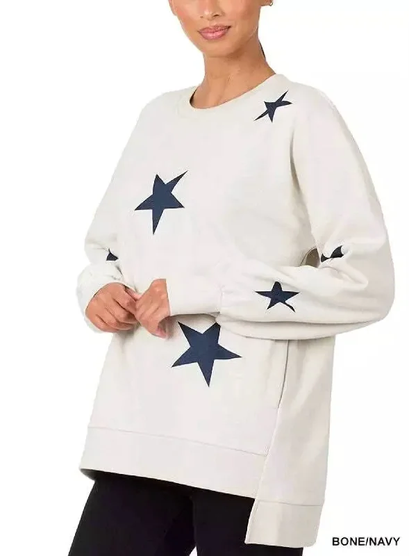 Women's Formal Event Attire Luxury Comfort Star Print Hi-Low Sweatshirt In Bone/navy