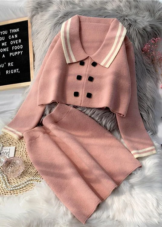 Comfortable Garments For Women Effortless Comfort French Pink Knitted suit women's new short sweater Pullover skirt two piece set in early autumn 2024