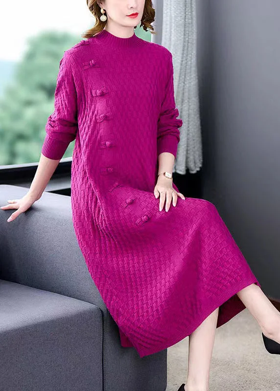 Women's Travel Garments Elegant Details Rose Button Woolen Knitted Winter Dress O-Neck