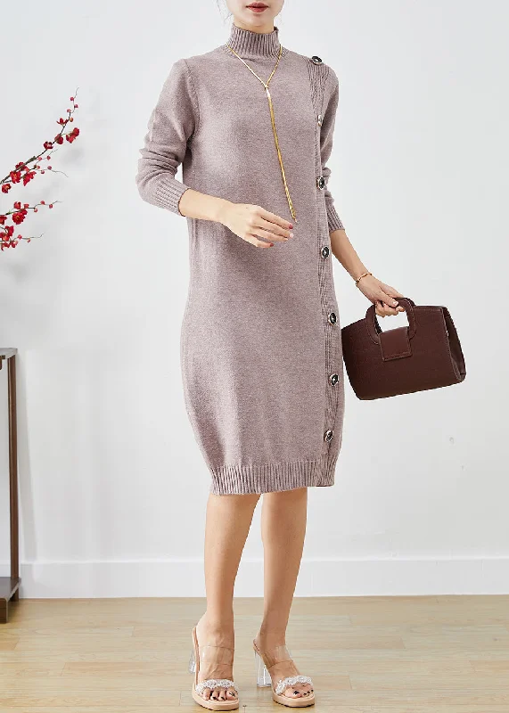 Modern Women's Outfit High End Designer Brands Discount Beautiful Light Purple High Neck Button Knit Dress Winter