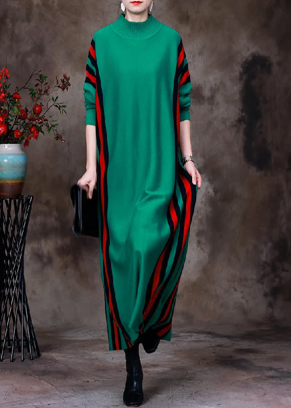 Affordable Luxury Women's Apparel Hollywood Glam Award - Show Style Green Turtleneck Striped Patchwork Knit Long Sweater Dress Long Sleeve