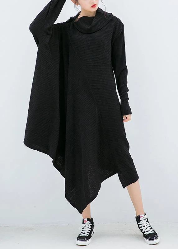 Timeless Women's Outfit Exclusive Sale Knitted black Sweater dresses Design asymmetric Big high neck knitted tops