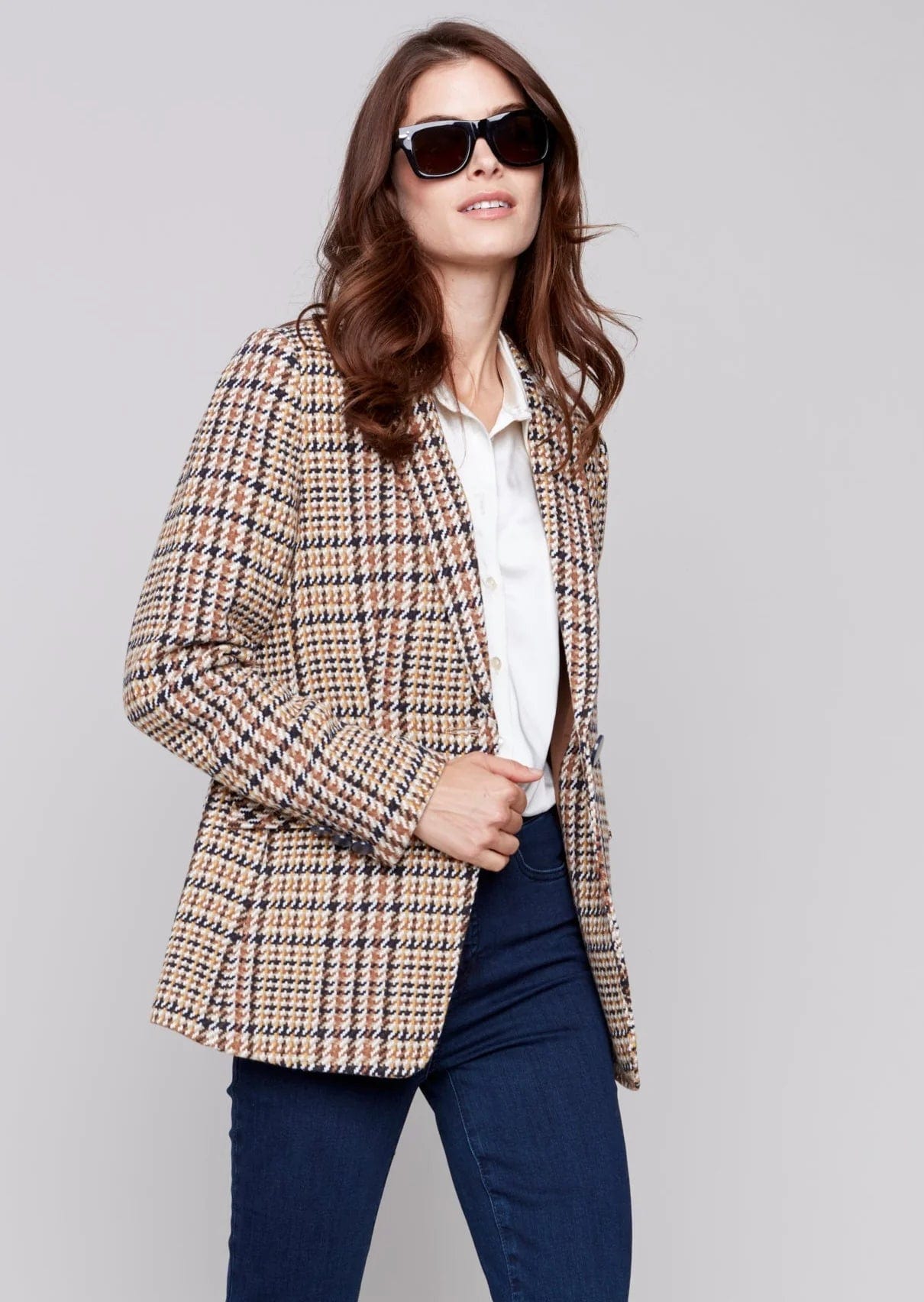 Women's Contemporary Apparel Fashion Forward Femininity Charlie B Plaid Long Sleeve Blazer - C6279R-970B