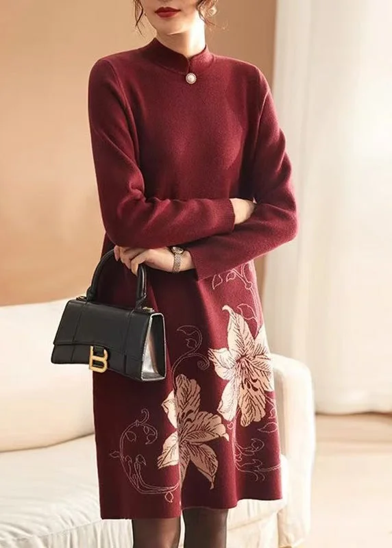 Women's Evening Wear Outfit Attire Sale Unique Red Stand Collar Print Knitted Sweaters Dress Spring