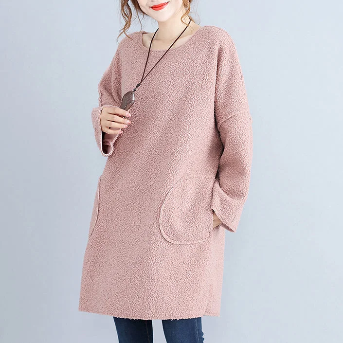 Women's Clothes For Outdoor Events Fashion Deal fashion warm pink corduroy mid shift dresses oversize big pockets knit dress