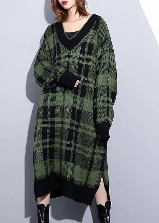 Women's Everyday Garments Effortless Comfort Women green plaid Cotton Long Shirts side open daily v neck Dress