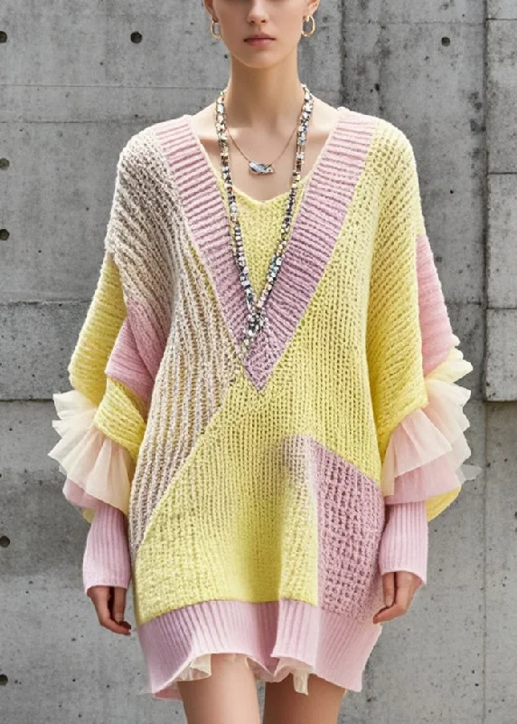 Women's Casual Apparel For Weekends Feminine Soft - Hued Look Beautiful Colorblock Oversized Patchwork Long Sweater Batwing Sleeve