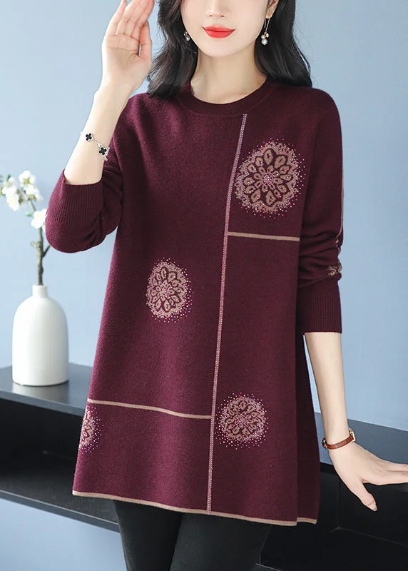 Women's Professional Clothes Trendy Styles Loose Purple O Neck Zircon Woolen Knit Mid Dress Spring