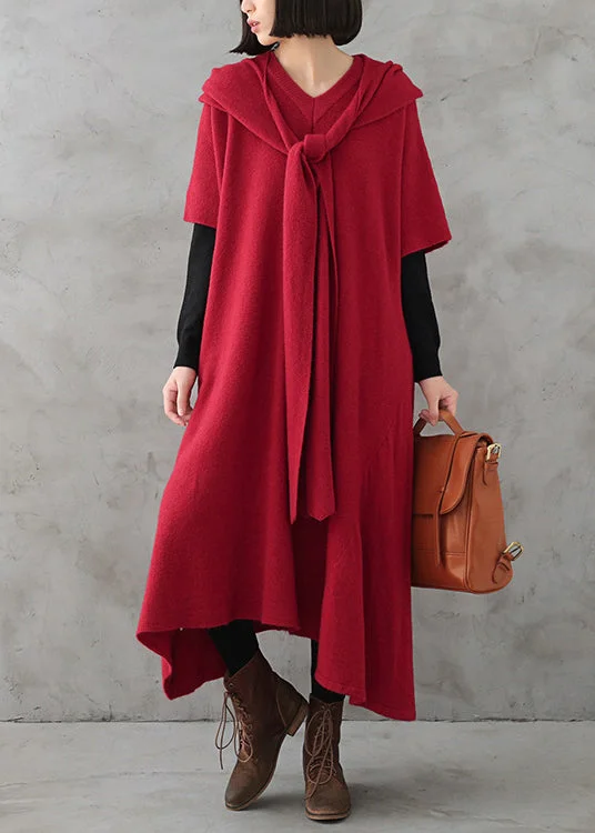 Women's Active Outfit For Fitness Seasonal Trends Beautiful Red V Neck Side Open Cashmere Knit Holiday Sweater Dress Fall