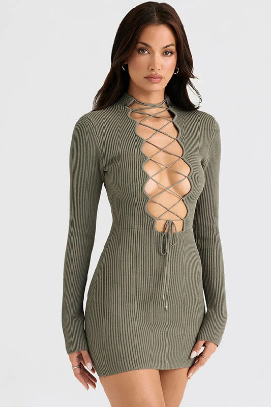 Women's Chic Outfit End Of Season Sale Sexy Mock Neck Lace Up Cutout Front Long Sleeve Bodycon Rib K it Sweater Mini Dress - Green