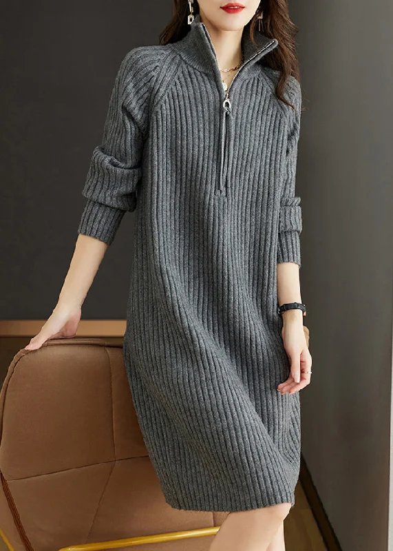 Women's Transitional Apparel Limited - Edition Drops Grey Patchwork Loose Woolen Knit Dresses Turtleneck Long Sleeve