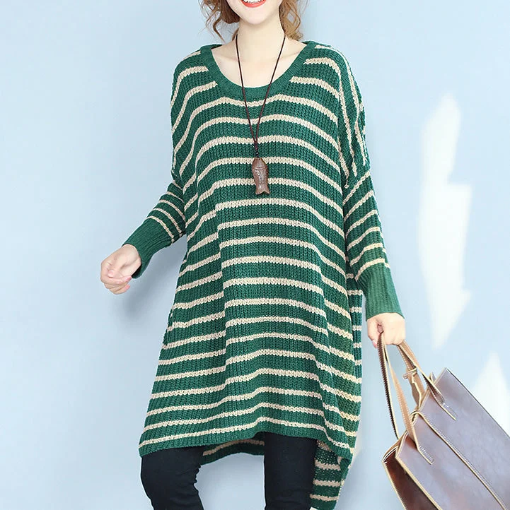 Women's Clothes And Apparel Ethnic Cultural Event Wear green striped autumn winter woolen blended knit dresses baggy loose batwing sleeve sweater dress