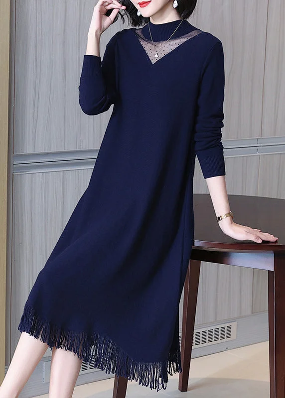 Affordable Women's Clothes End - Of - Month Blowout Elegant Navy O-Neck Tasseled Wool Knit Dress Long Sleeve