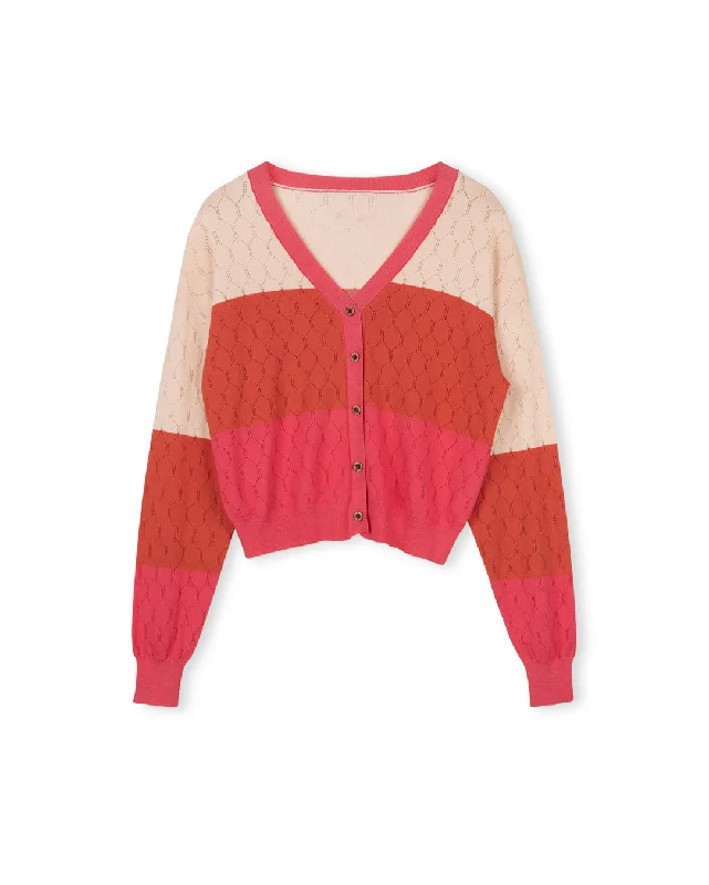 Elegant Women's Evening Garments Huge Price Cut Color Block Pointelle Cardigan