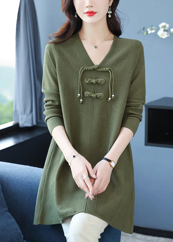 Women's Chic Outerwear Outfit Summer Deals Classy Green V Neck Print Woolen Long Sweater Winter