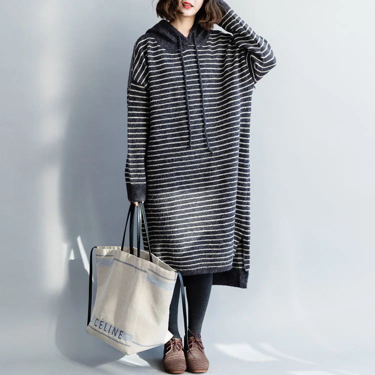 Women's Apparel Refined Simplicity Vintage Sweater knit top pattern Moda hooded gray striped Mujer knit dress