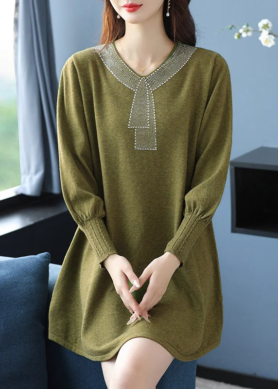 Women's Active Outfit For Fitness Special Offers Elegant Tea Green V Neck Zircon Woolen Sweater Dress Winter