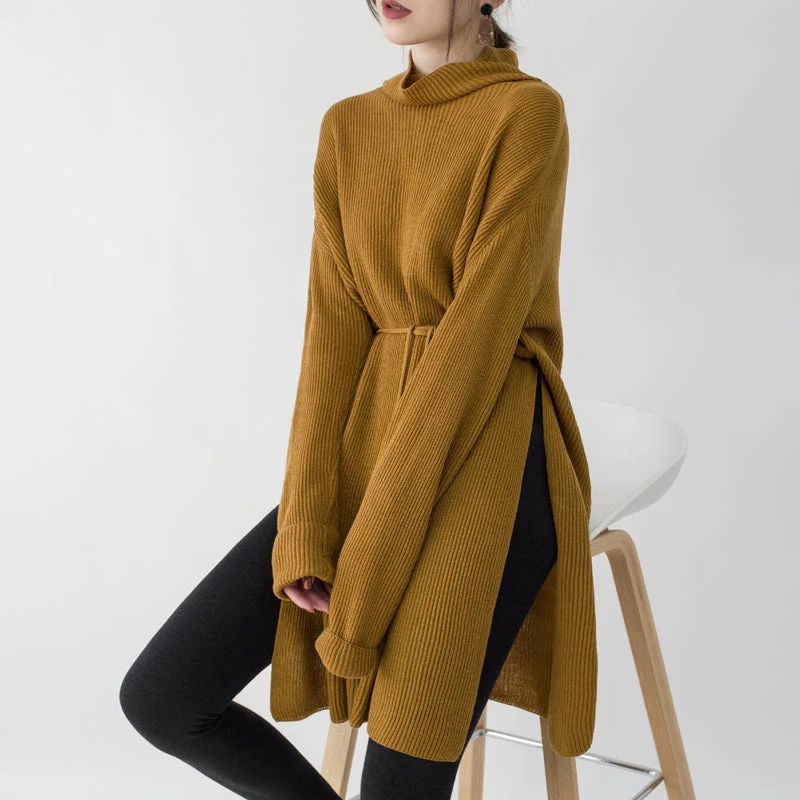 Women's Clothing For Everyday Wear Best-Sellers vintage yellow sweater dresses Loose fitting high neck side open long knit sweaters casual tie waist winter dress