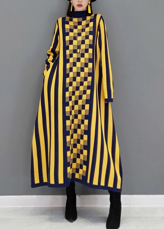 Sustainable Women's Apparel Save On Classic Elegant Styles French Yellow Striped Hign Neck Patchwork Knit Long Dress Fall