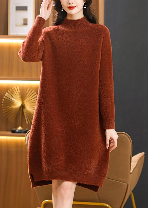 Women's Transitional Outfit Fashion Sale Elegant Caramel Hign Neck Mink Hair Knitwear Sweaters Dress Spring