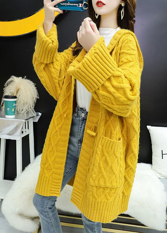 Women's Clothes For Work Holiday Sale Vintage Yellow hooded Pockets Loose Fall Knit Sweater Coat