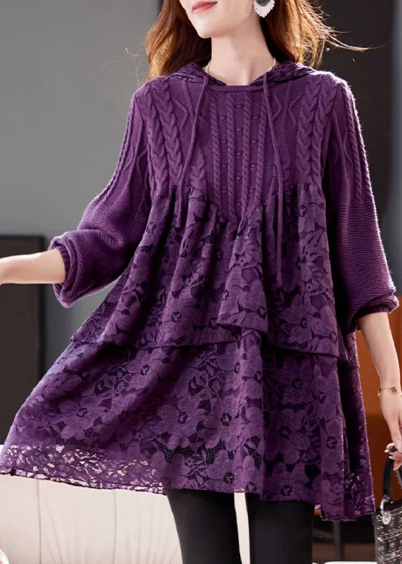 Women's Classic Outfit Don'T Miss Out Women Purple Hooded Lace Patchwork Knit Dresses Winter