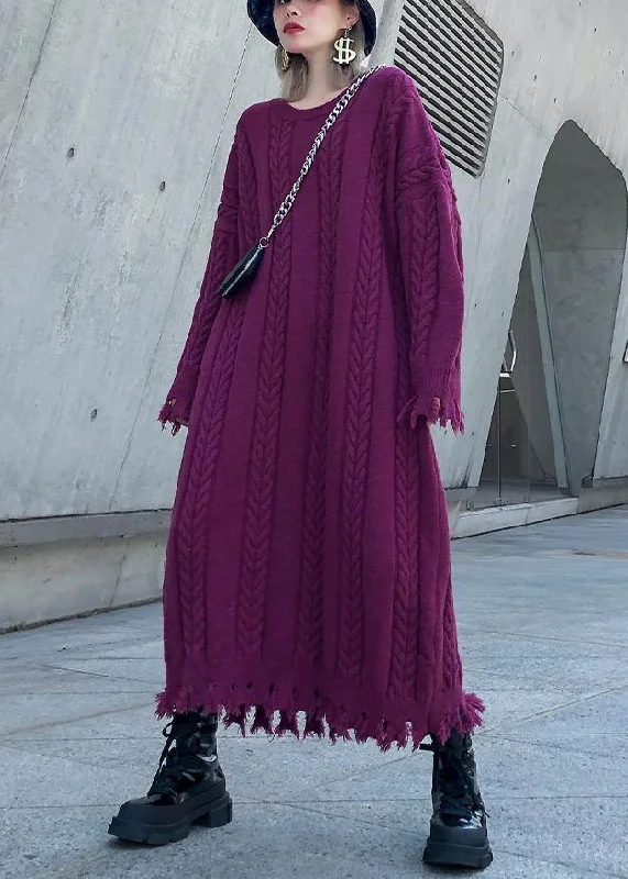 Women's Comfortable Apparel Dreamy Draping Women purple Sweater dresses Refashion cable Largo tassel sweater dress