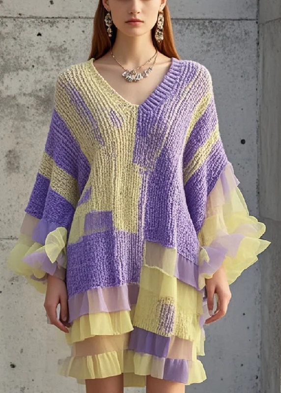 Women's Holiday Clothing Chic Style Casual Purple Ruffled Patchwork Knit Sweater Dress Fall