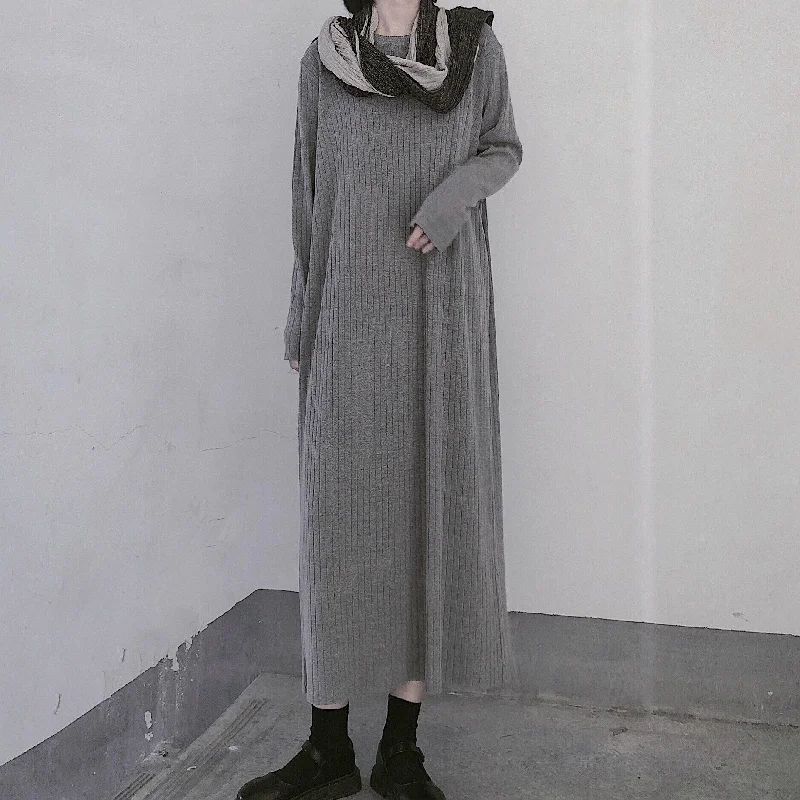 High-Fashion Women's Clothing Latest Fashion Winter Gray Sweate Outfit Refashion O Neck Long Sleeve Art  Knit Dresses