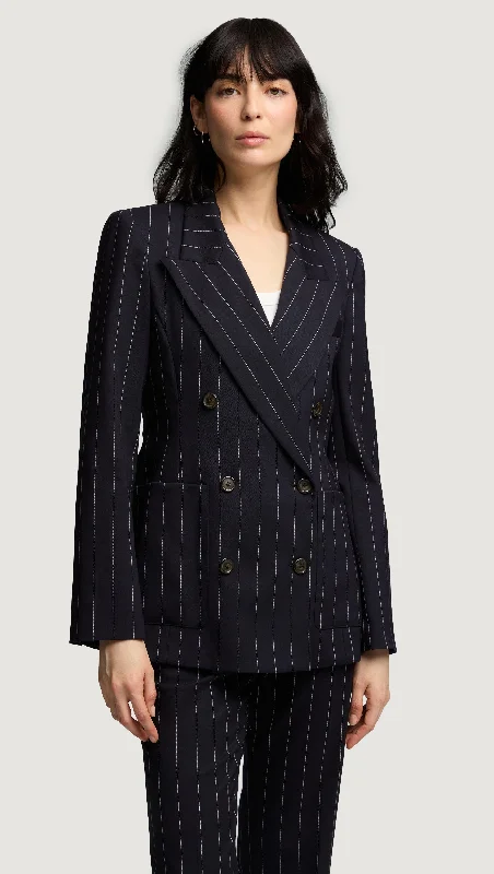 Stylish Women's Outerwear Apparel Fashion Forward Femme Chelsea Blazer in Stretch Wool | Navy Pinstripe