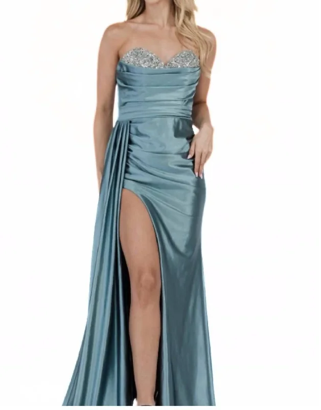 Women's Chic Outerwear Attire Cottagecore Rustic Charm Style Strapless Beaded Top Gown In Light Teal